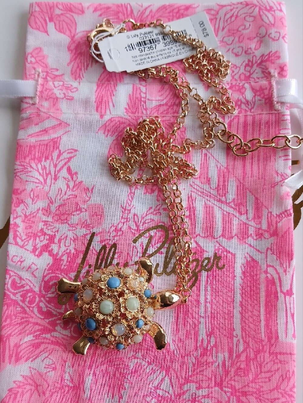 Lilly Pulitzer Gold Turtle Pendant Necklace with Blue and Opal Stones